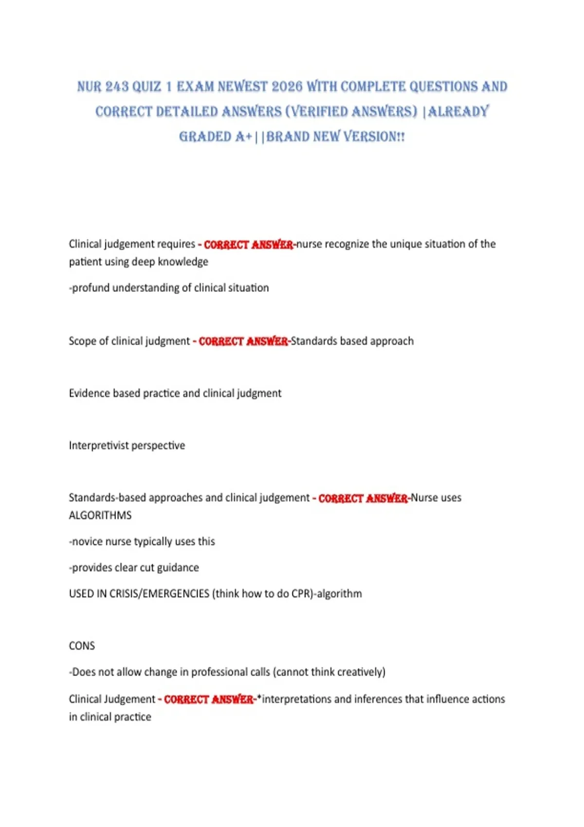 NUR 243 QUiz 1 exam Newest 2026 with ComPlete QUestioNs aNd CoRReCt ...