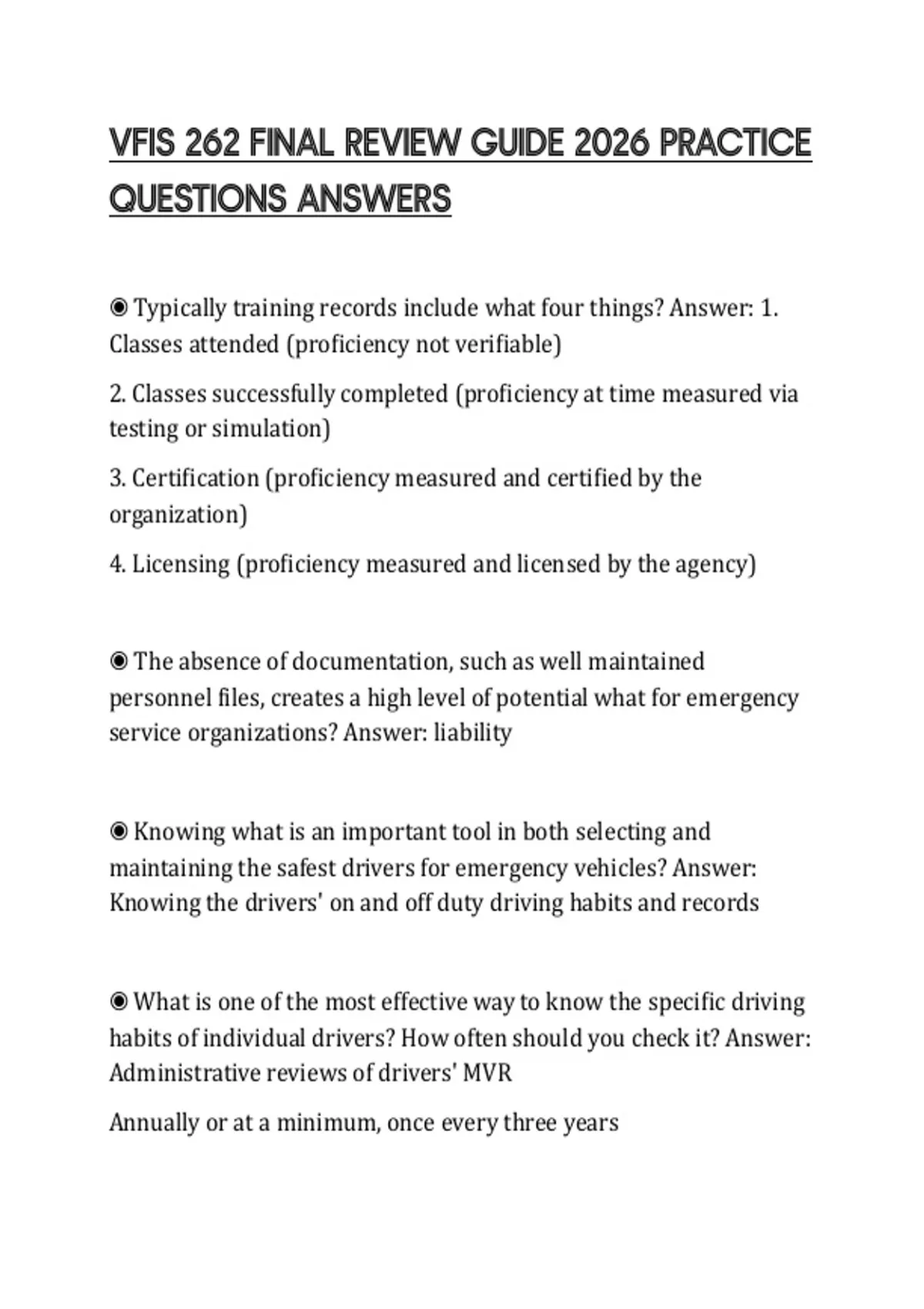 Vfis Reverseing Course VFIS 262 FINAL REVIEW GUIDE 2026 PRACTICE QUESTIONS ANSWERS - VFIS 262 ...
