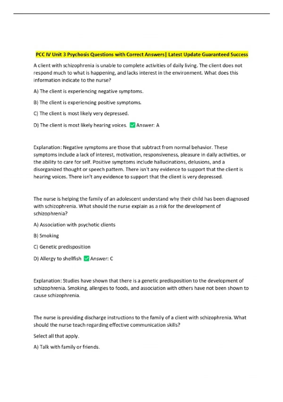 Pcc Question Examples PCC IV Unit 3 Psychosis Questions with Correct Answers| Latest Update ...