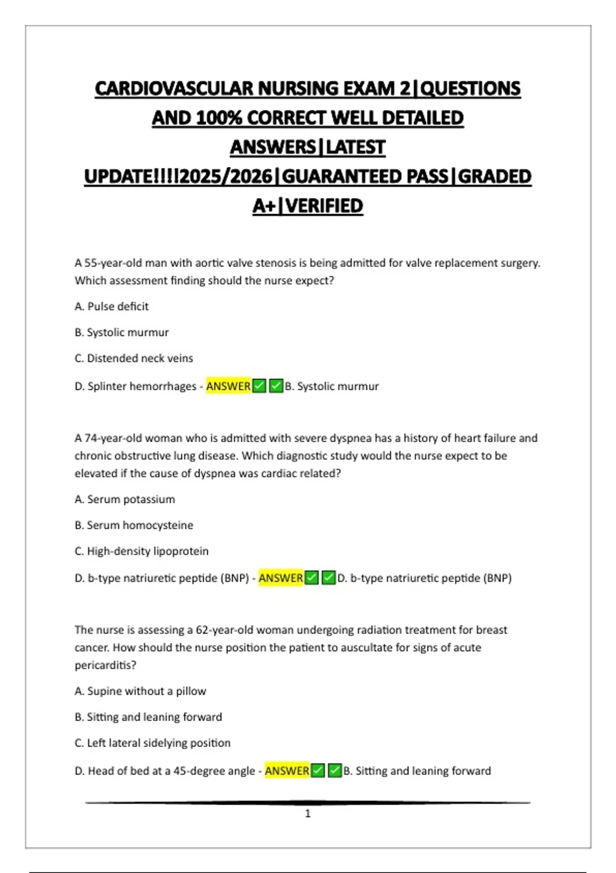 CARDIAC VASCULAR NURSING EXAM 2026 QUESTIONS AND 100 CORRECT WELL