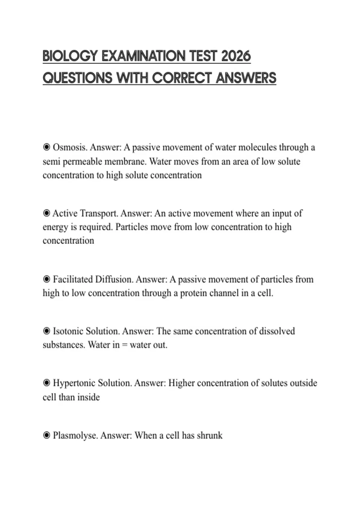 BIOLOGY EXAMINATION TEST 2026 QUESTIONS WITH CORRECT ANSWERS - BIOLOGY ...