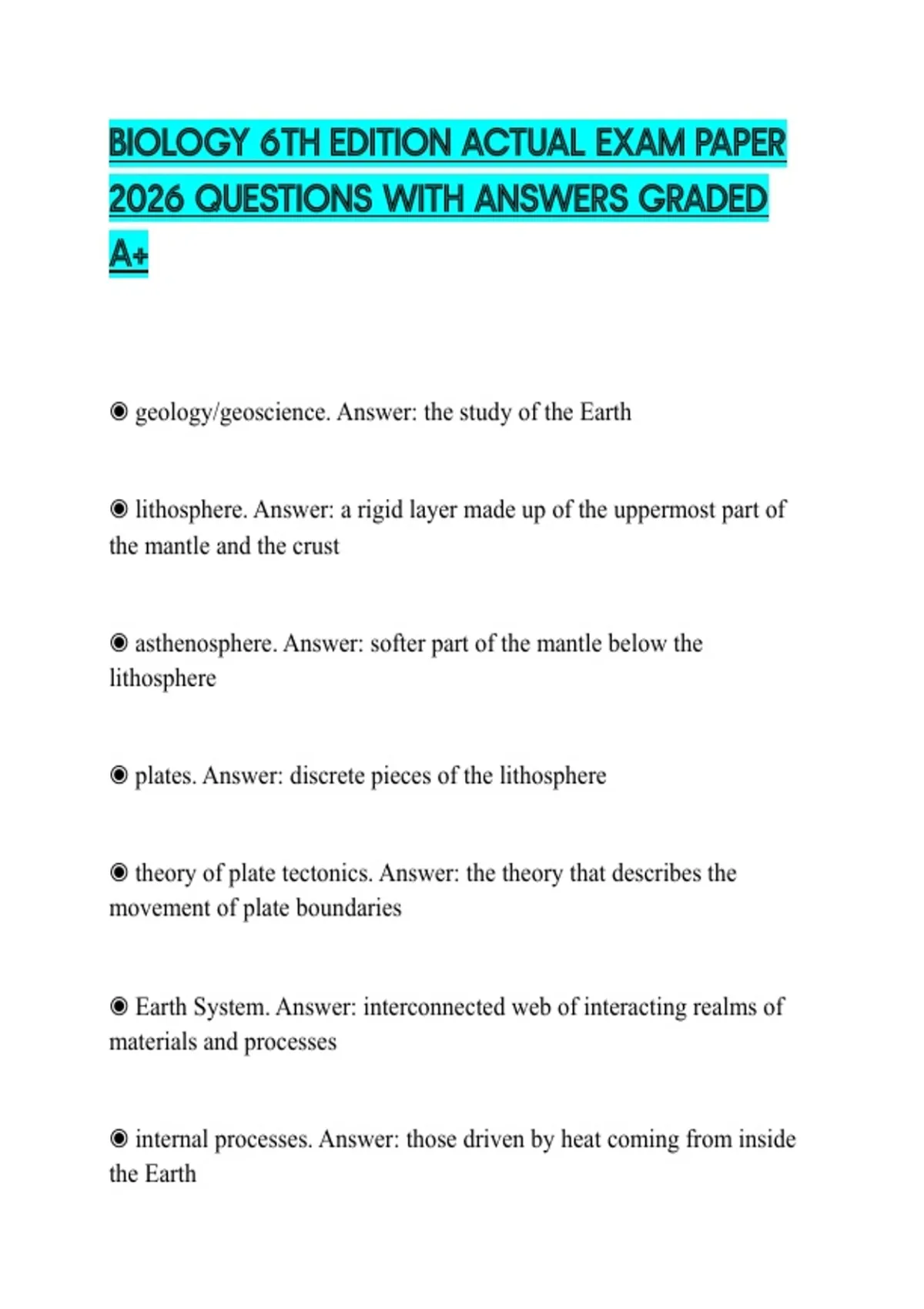 BIOLOGY 6TH EDITION ACTUAL EXAM PAPER 2026 QUESTIONS WITH ANSWERS ...