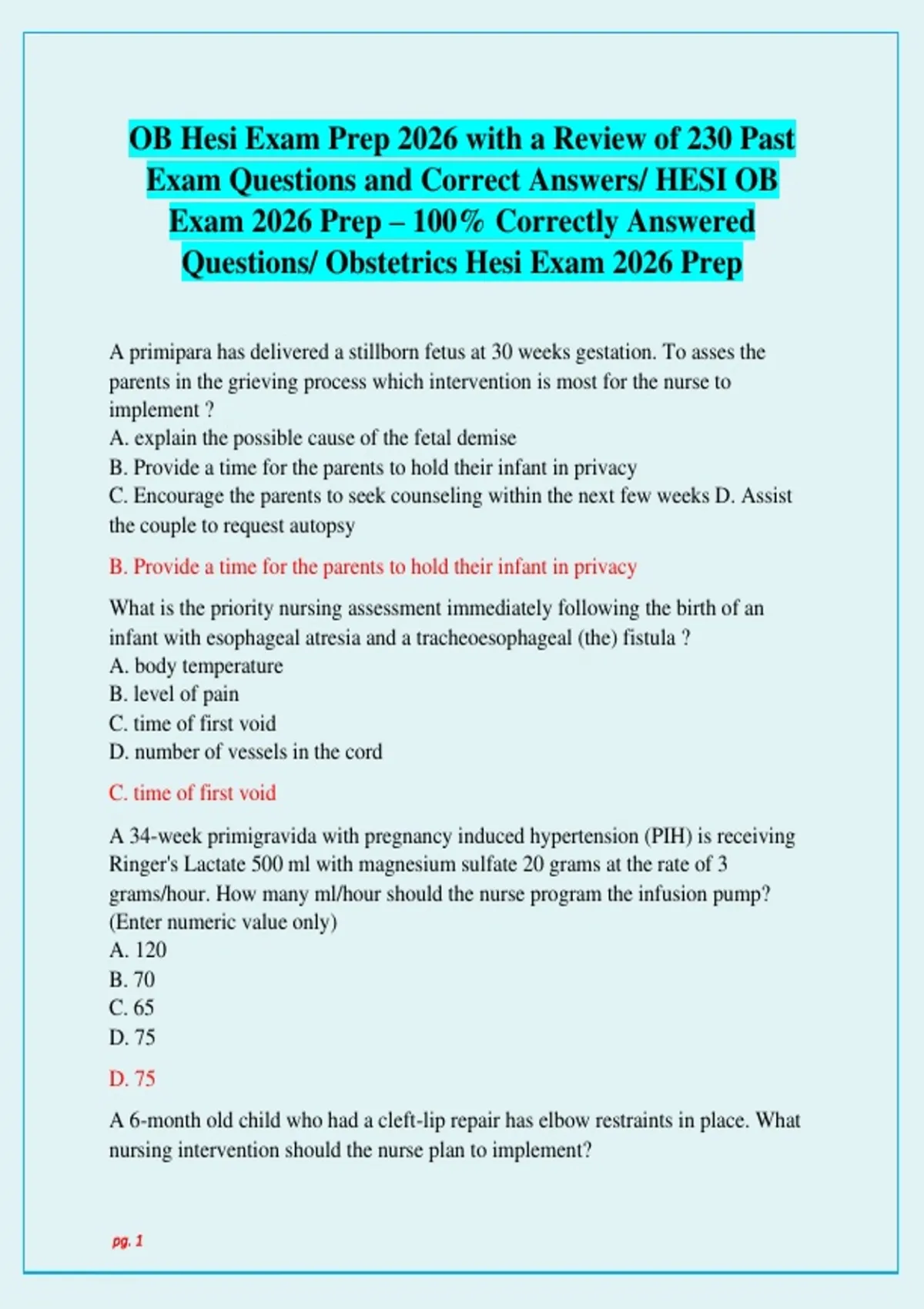 OB Hesi Exam Prep 2026 with a Review of 230 Past Exam Questions and ...