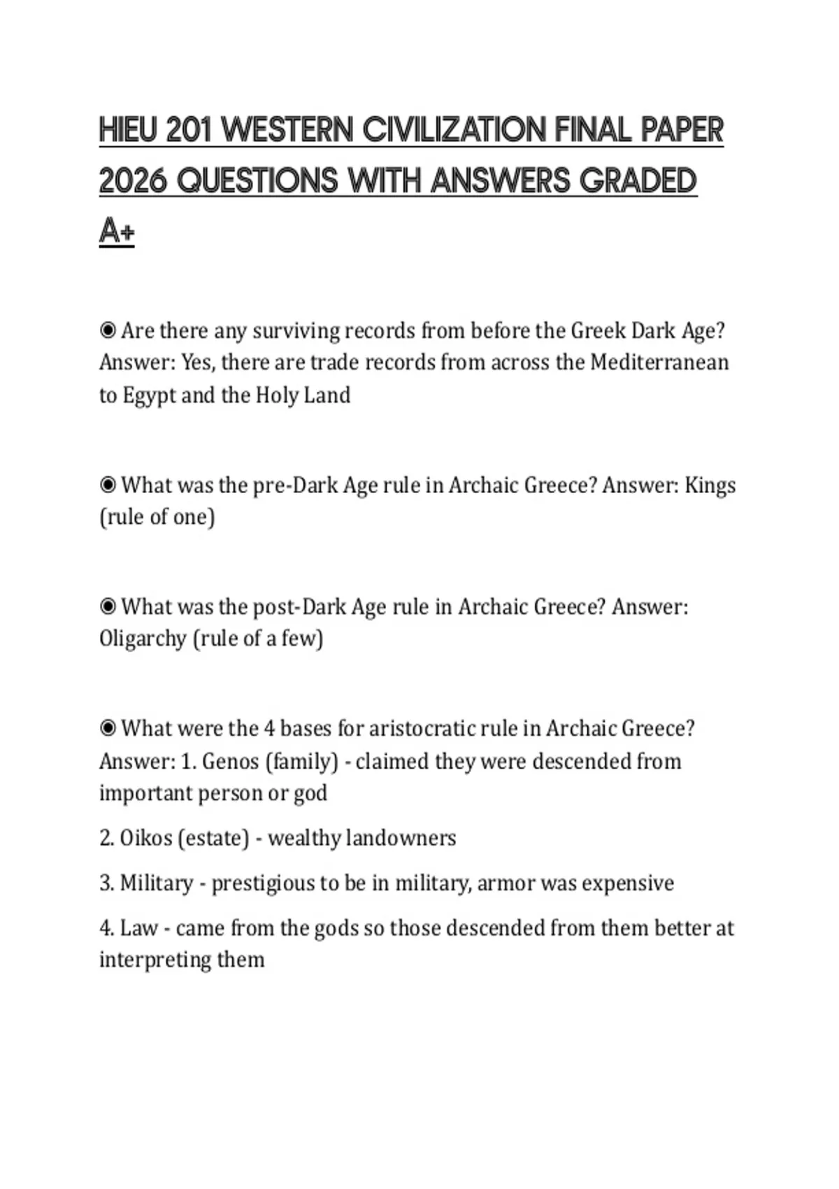 HIEU 201 WESTERN CIVILIZATION FINAL PAPER 2026 QUESTIONS WITH ANSWERS ...