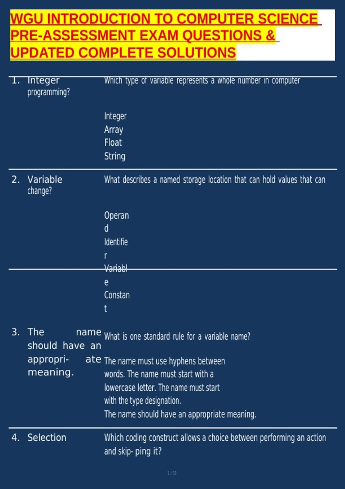 WGU INTRODUCTION TO COMPUTER SCIENCE PRE-ASSESSMENT EXAM QUESTIONS ...