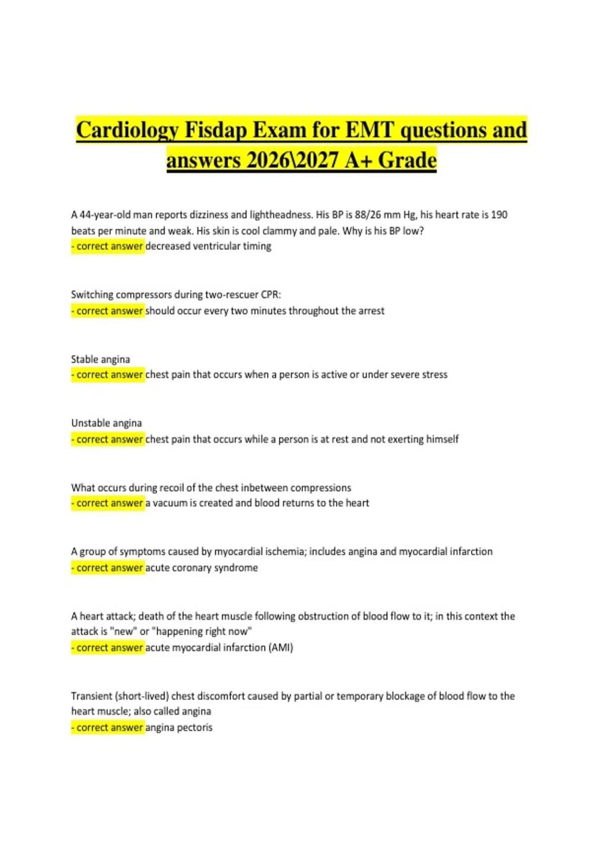Cardiology FISDAP Exam for EMT – Questions and Answers 2026–2027 ...