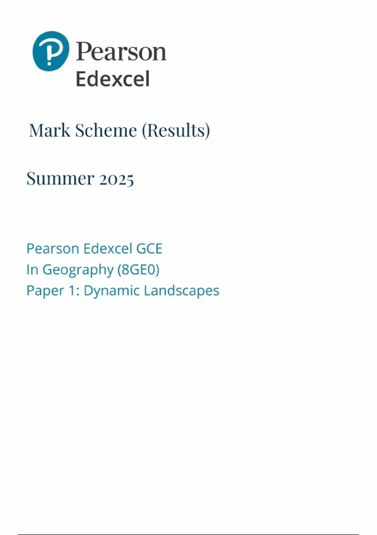 PEARSON EDEXCEL LEVEL 3 GCE GEOGRAPHY ADVANCED SUBSIDIARY PAPER 1 MARK ...