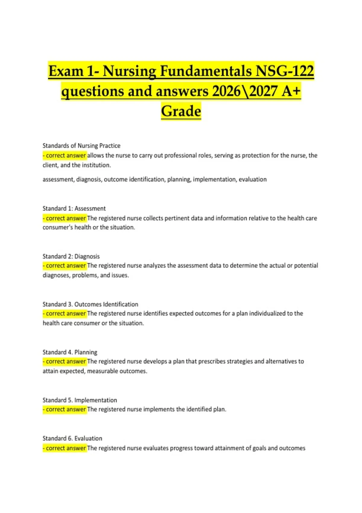 Nursing Fundamentals NSG-122 – Exam 1 Verified Questions and Correct ...