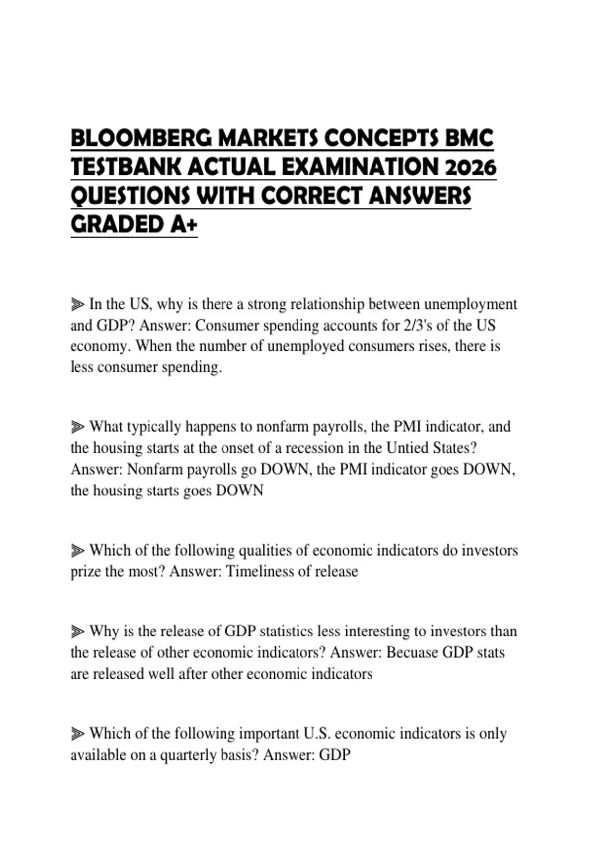 BLOOMBERG MARKETS CONCEPTS BMC TESTBANK ACTUAL EXAMINATION 2026 ...