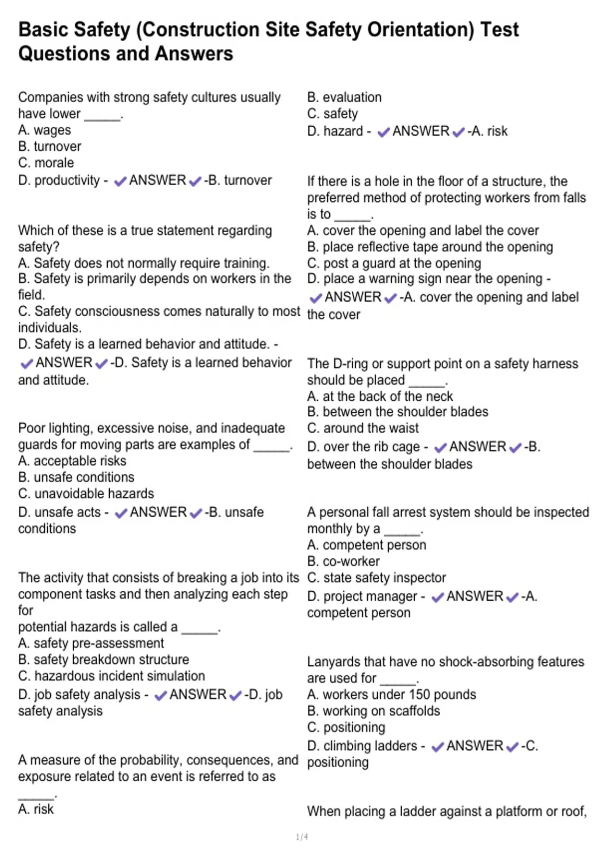 Basic Safety (Construction Site Safety Orientation) Test Questions and ...