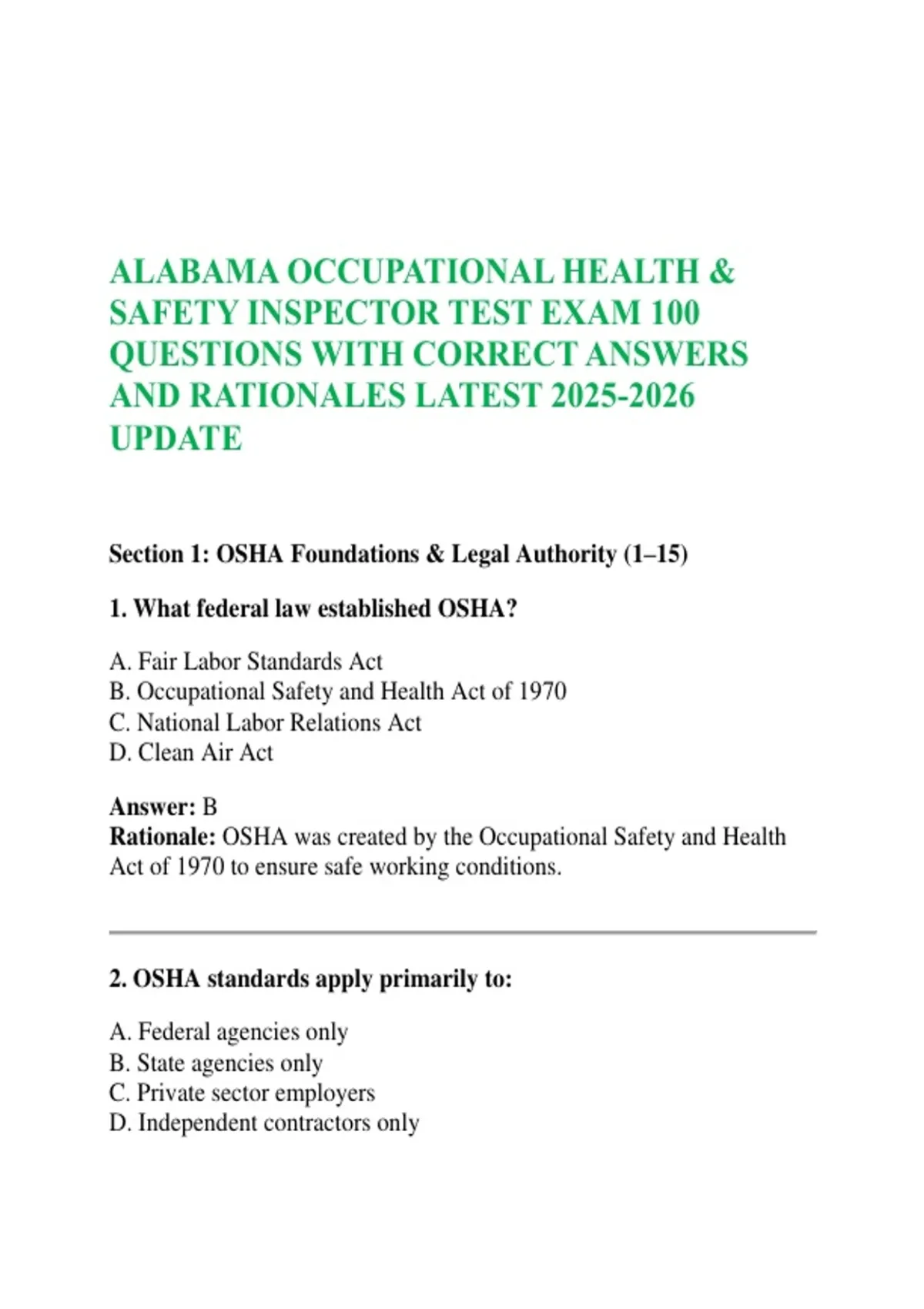 ALABAMA OCCUPATIONAL HEALTH & SAFETY INSPECTOR TEST EXAM 100 QUESTIONS ...