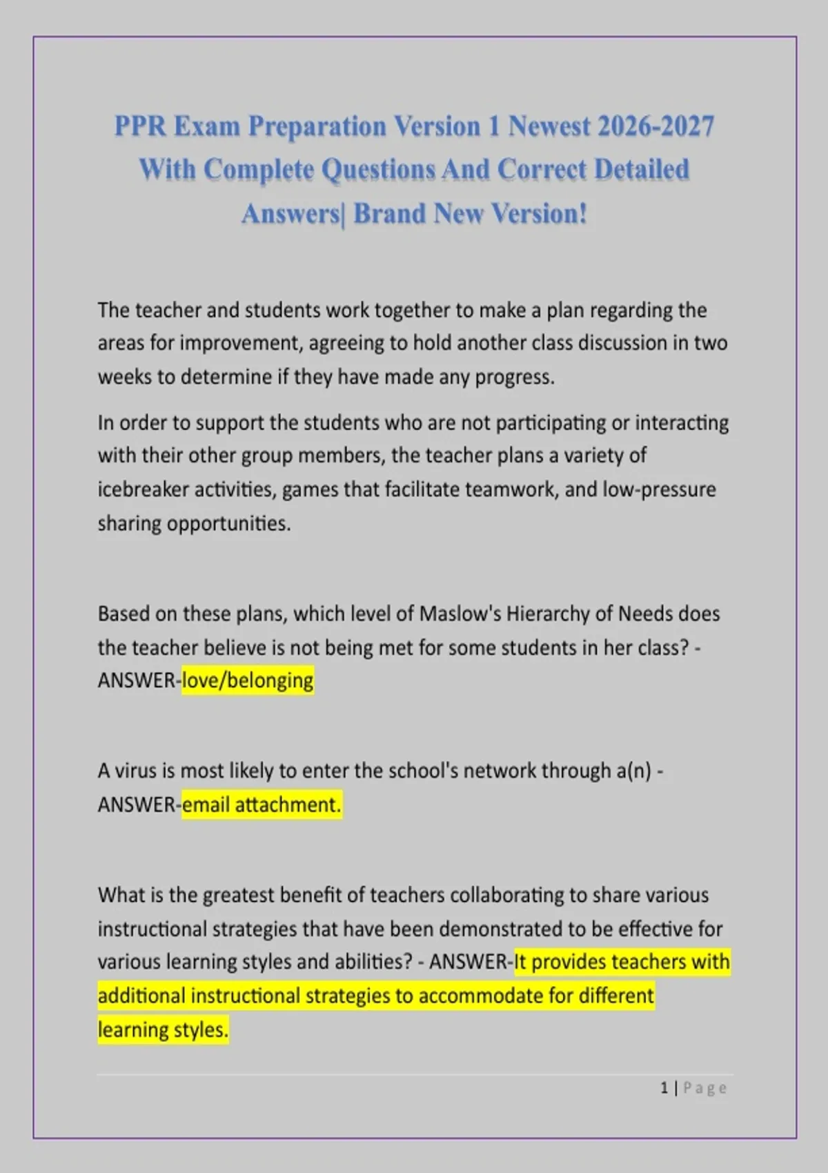 Testing Ppr PPR Exam Preparation Version 1 Newest With Complete Questions And ...