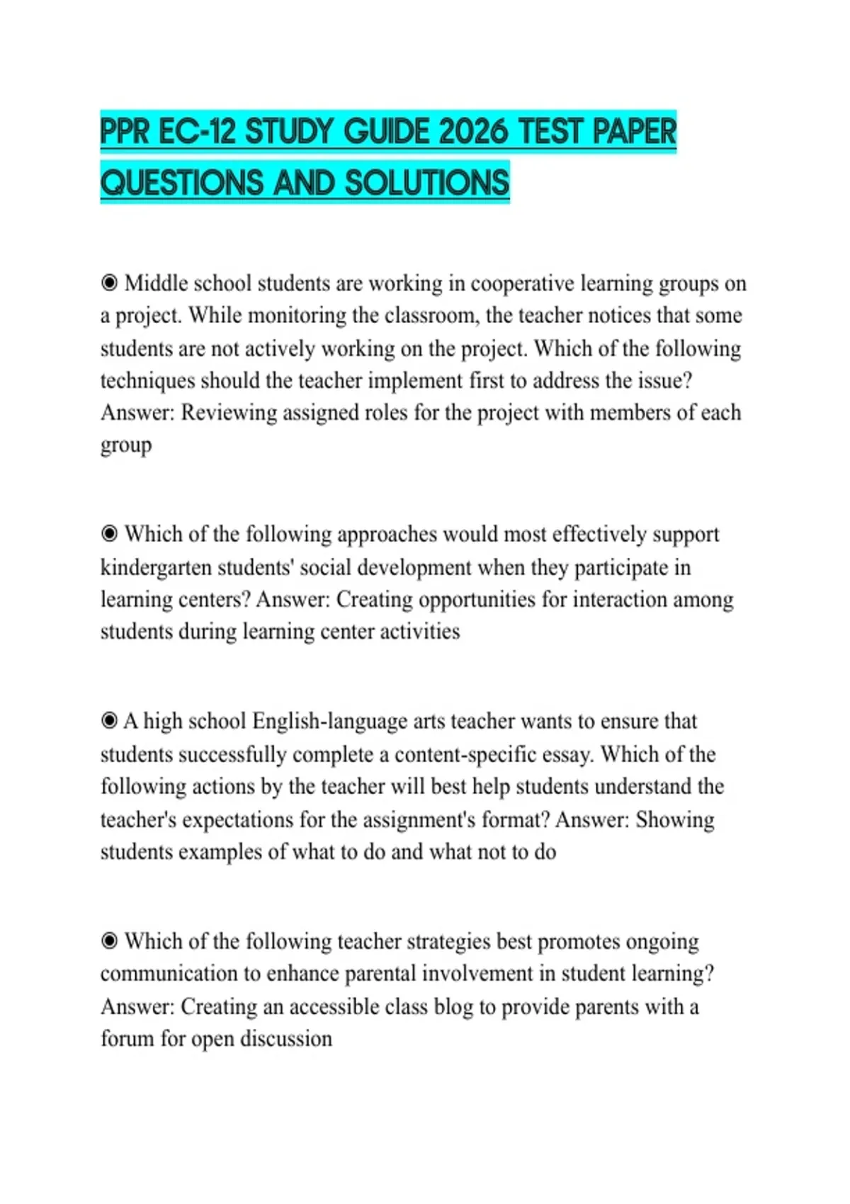 Ppr Study Guide Pdf PPR EC-12 STUDY GUIDE 2026 TEST PAPER QUESTIONS AND SOLUTIONS - PPR EC ...