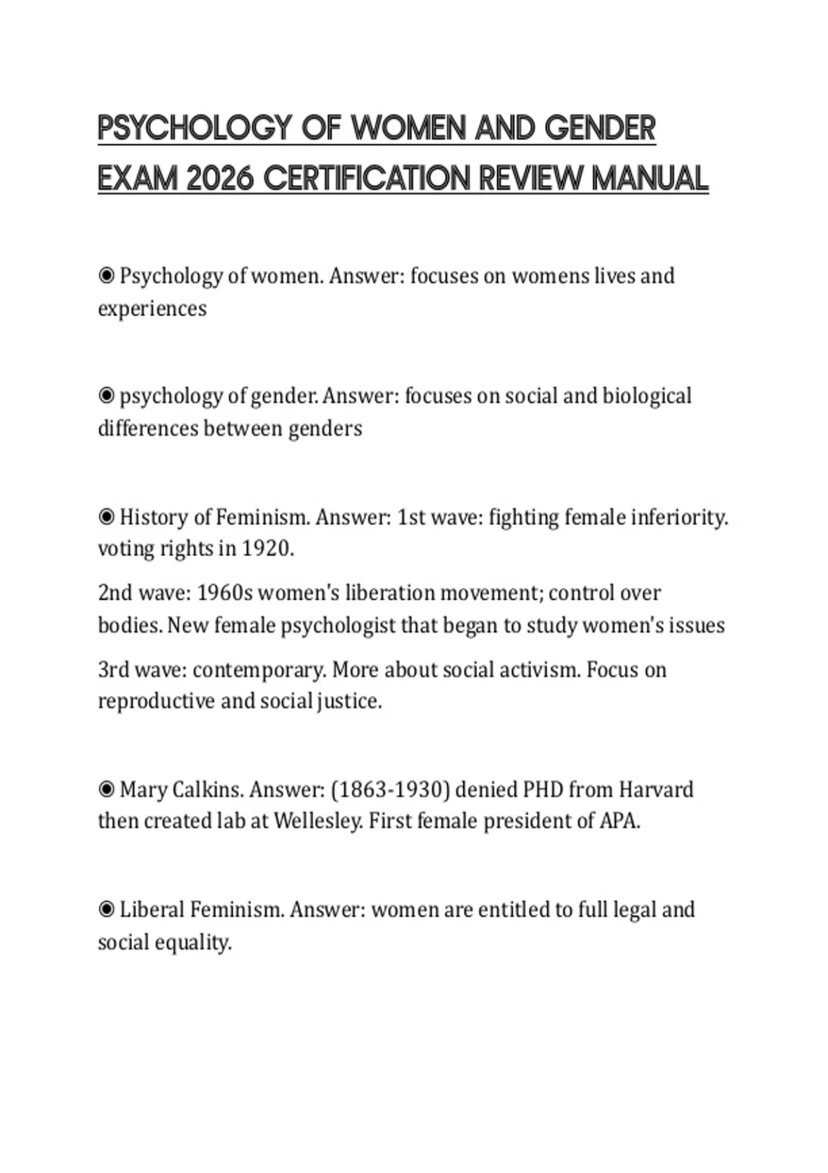 PSYCHOLOGY OF WOMEN AND GENDER EXAM 2026 CERTIFICATION REVIEW MANUAL ...