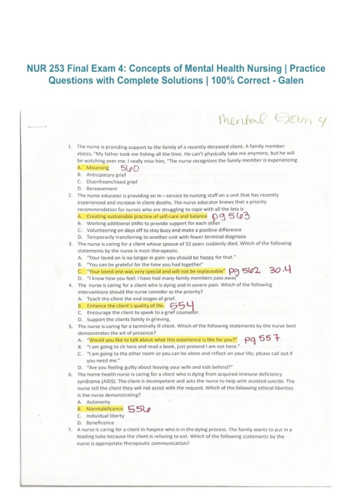 NUR 253 Final Exam 4 – Concepts of Mental Health Nursing | Galen 2026/ ...
