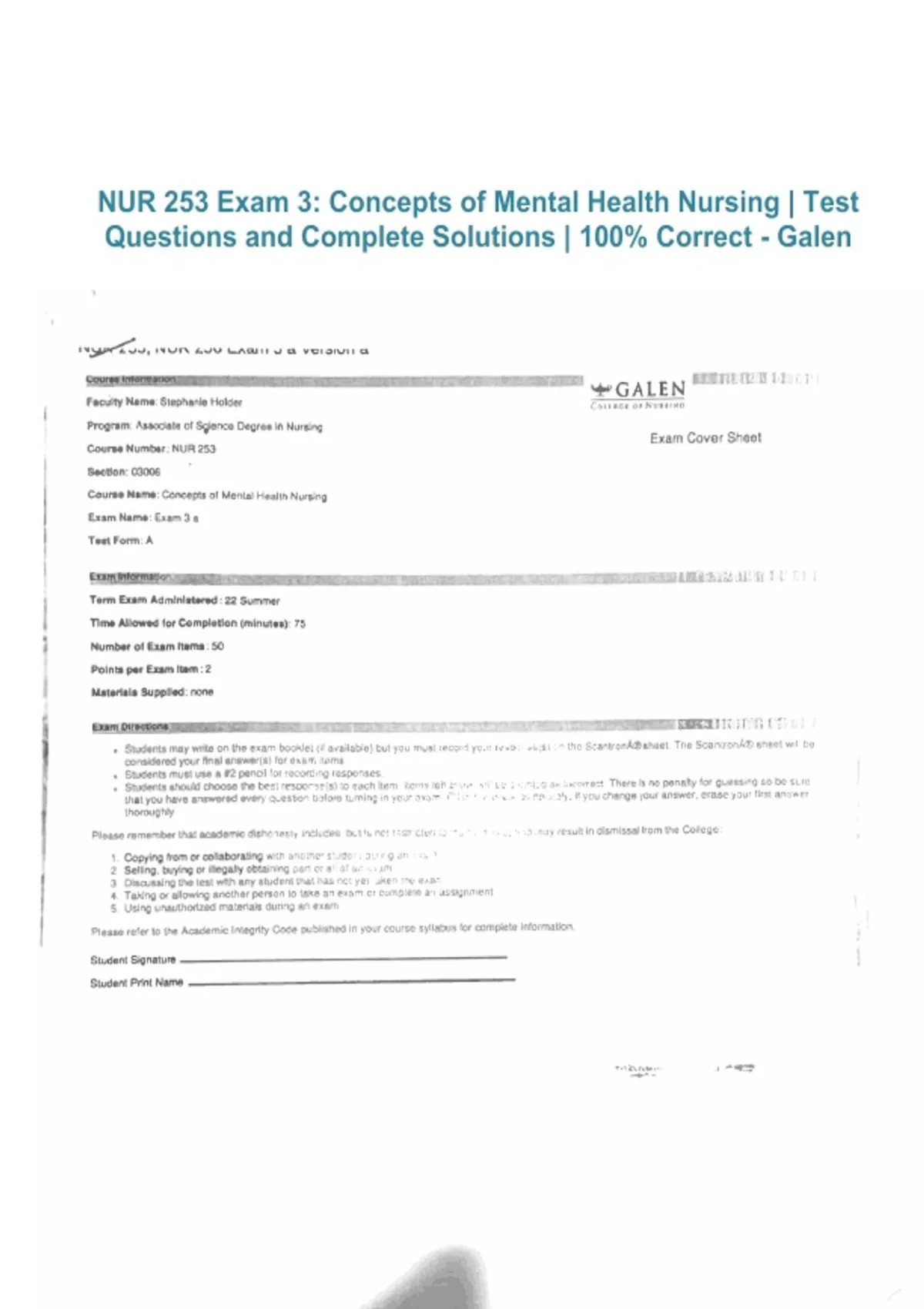 NUR 253 Exam 3 – Concepts of Mental Health Nursing | Galen 2026/2027 ...