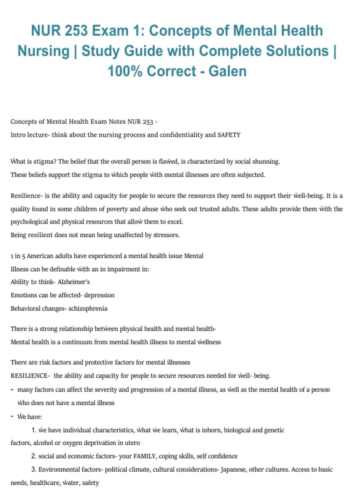 NUR 253 Exam 1 – Concepts of Mental Health Nursing | Galen 2026/2027 ...
