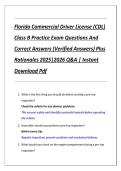 Florida Commercial Driver License &lpar;CDL&rpar;  Class B Practice Exam Questions And  Correct Answers &lpar;Verified Answers&rpar; Plus  Rationales 2025&vert;2026 Q&A &vert; Instant  Download Pdf 