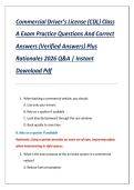 Commercial Driver&rsquo;s License &lpar;CDL&rpar; Class  A Exam Practice Questions And Correct  Answers &lpar;Verified Answers&rpar; Plus  Rationales 2026 Q&A &vert; Instant  Download Pdf 
