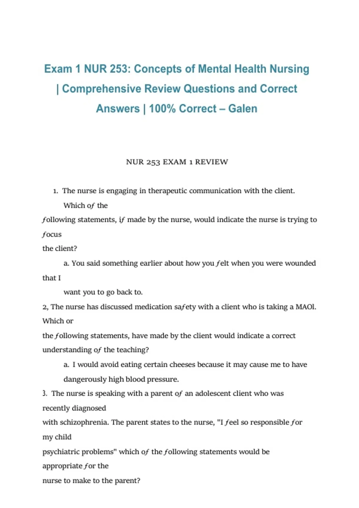 NUR 253 Exam 1 – Concepts of Mental Health Nursing | Galen 2026/2027 ...