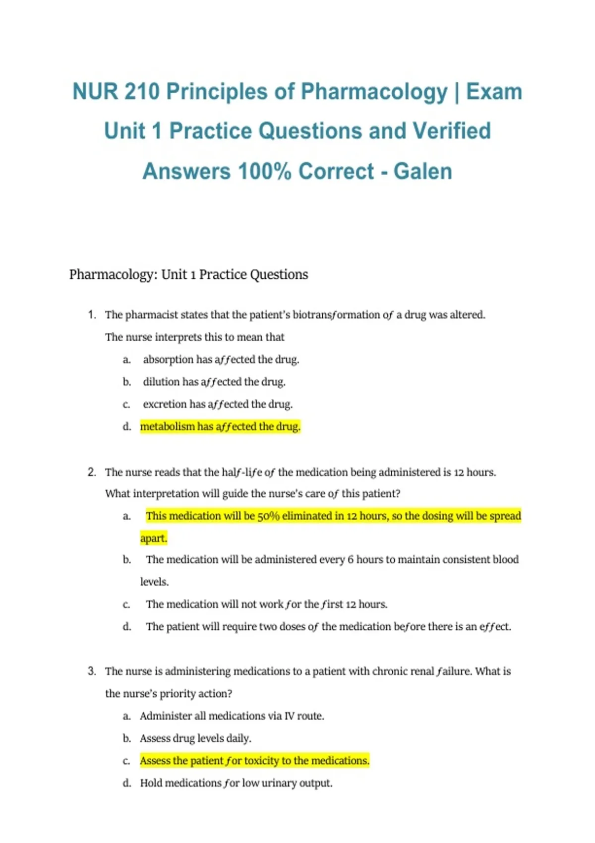 NUR 210 Principles of Pharmacology – Unit 1 Exam Practice 2026/2027 ...