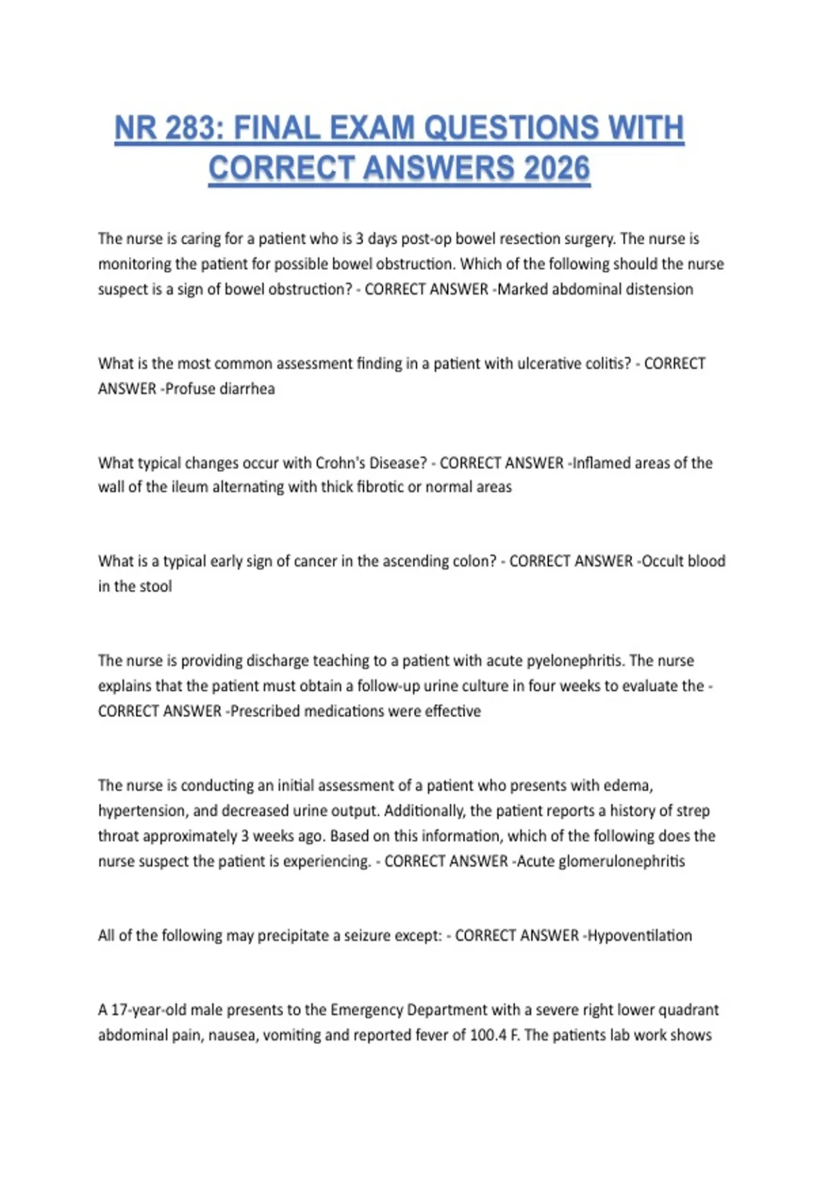 NR 283 FINAL EXAM QUESTIONS WITH CORRECT ANSWERS 2026 - NR 283 - Stuvia US