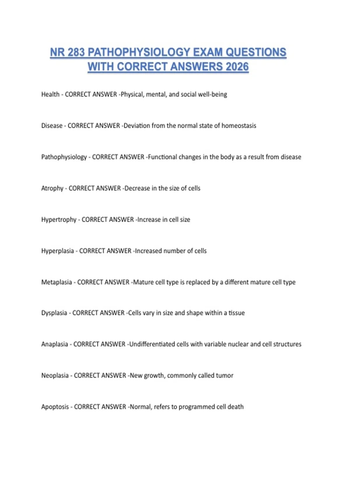 NR 283 PATHOPHYSIOLOGY EXAM QUESTIONS WITH CORRECT ANSWERS 2026 - NR ...