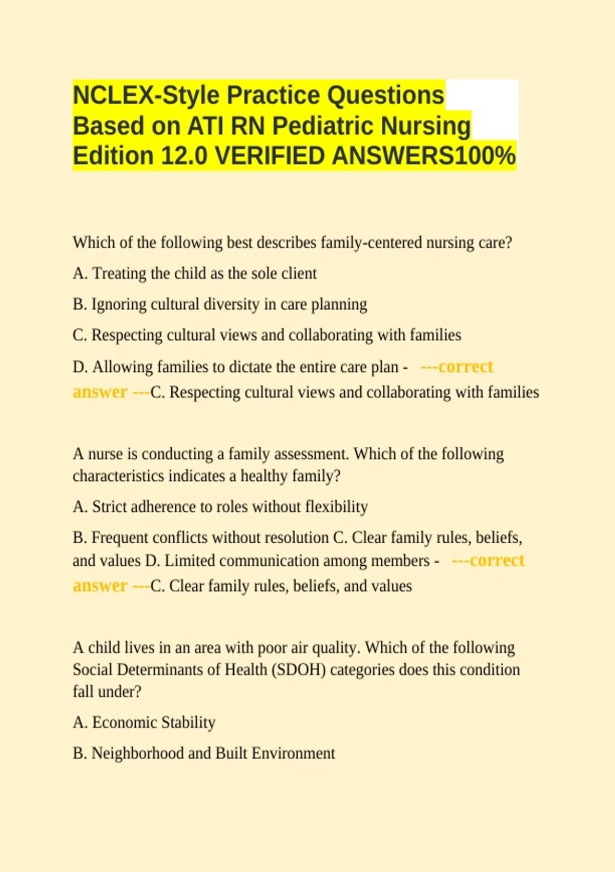NCLEX-Style Practice Questions Based on ATI RN Pediatric Nursing Edition 12.0 VERIFIED ...