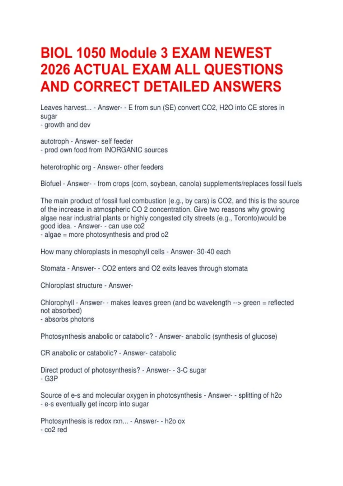 BIOL 1050 Module 3 EXAM NEWEST 2026 ACTUAL EXAM ALL QUESTIONS AND ...