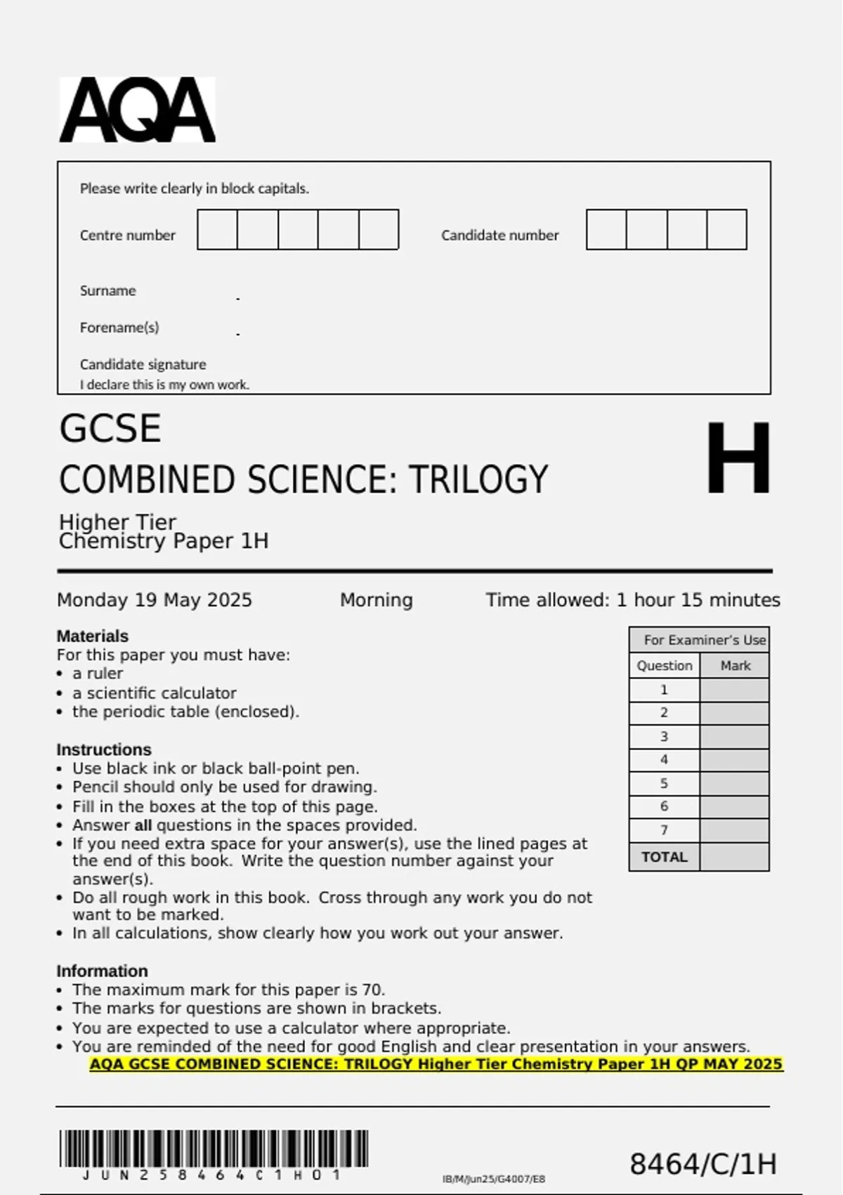 AQA GCSE COMBINED SCIENCE: TRILOGY Higher Tier Chemistry Paper 1H QP ...