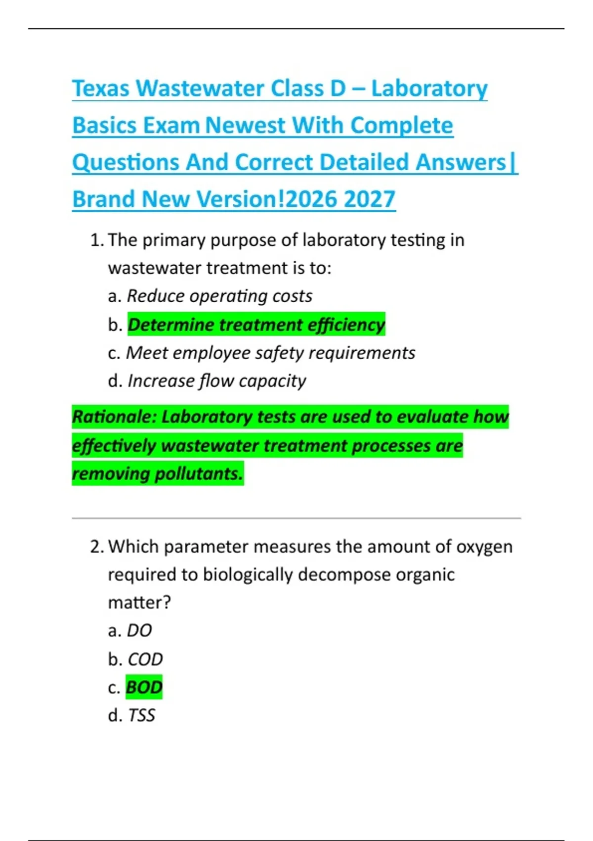 Texas Wastewater Class D – Laboratory Basics Exam Newest With Complete ...