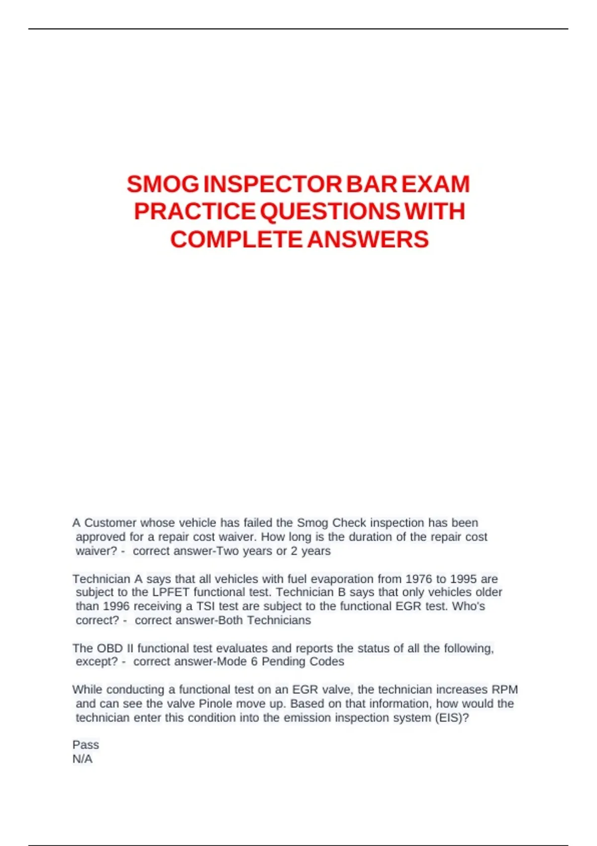 Smog Inspector BAR Exam Practice Questions 2026 – Complete Answers ...