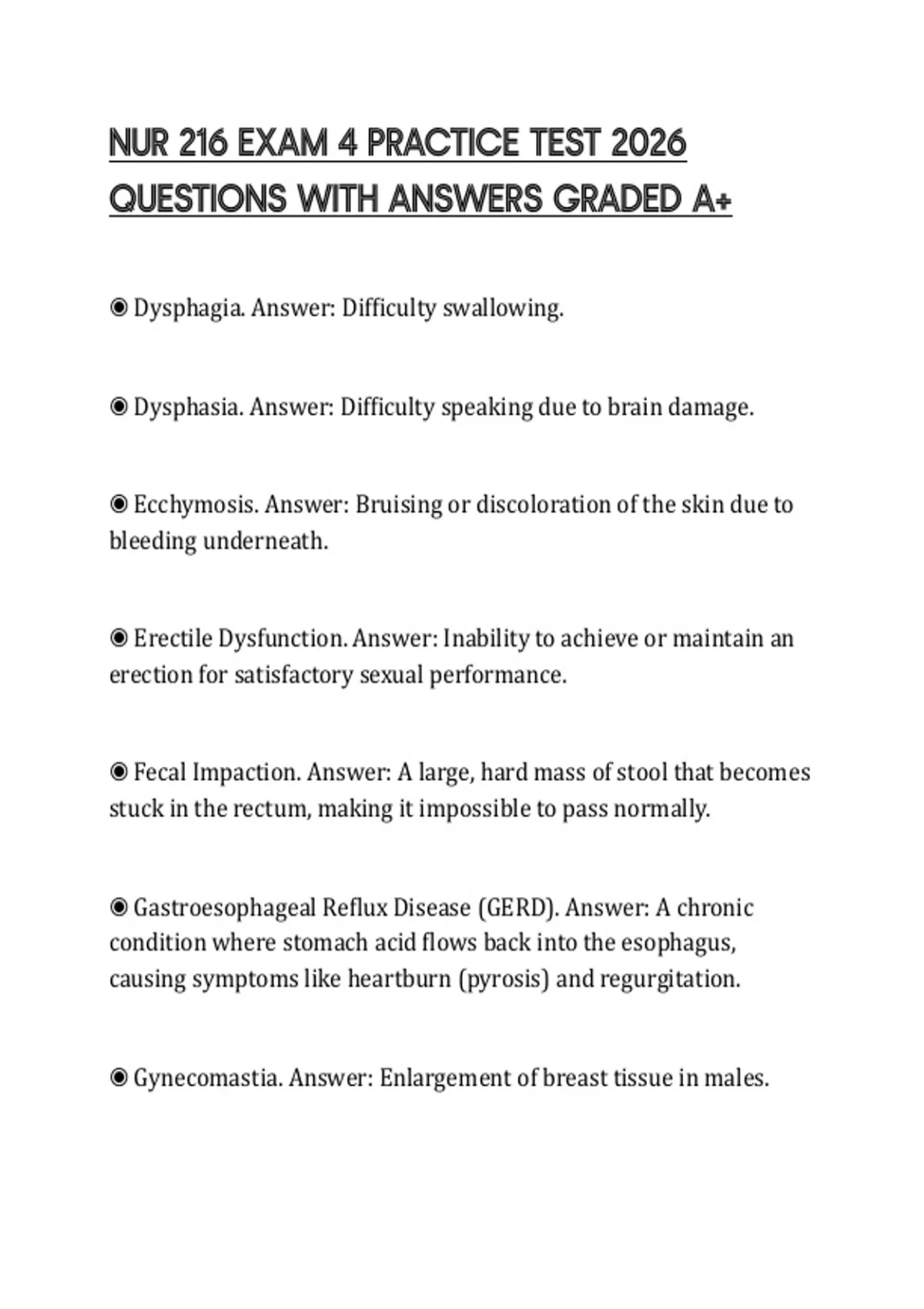 NUR 216 EXAM 4 PRACTICE TEST 2026 QUESTIONS WITH ANSWERS GRADED A+ ...