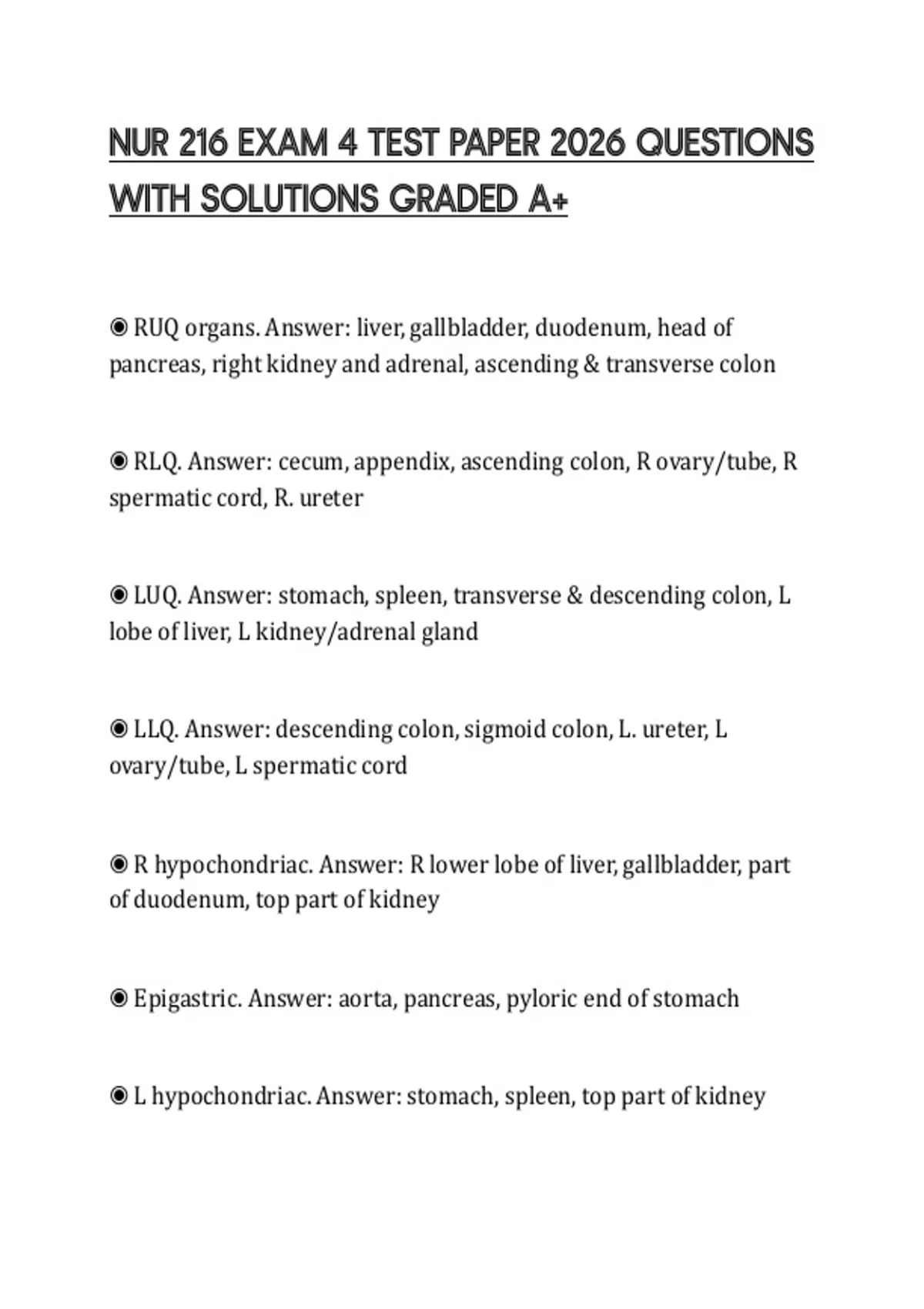 NUR 216 EXAM 4 TEST PAPER 2026 QUESTIONS WITH SOLUTIONS GRADED A+ - NUR ...