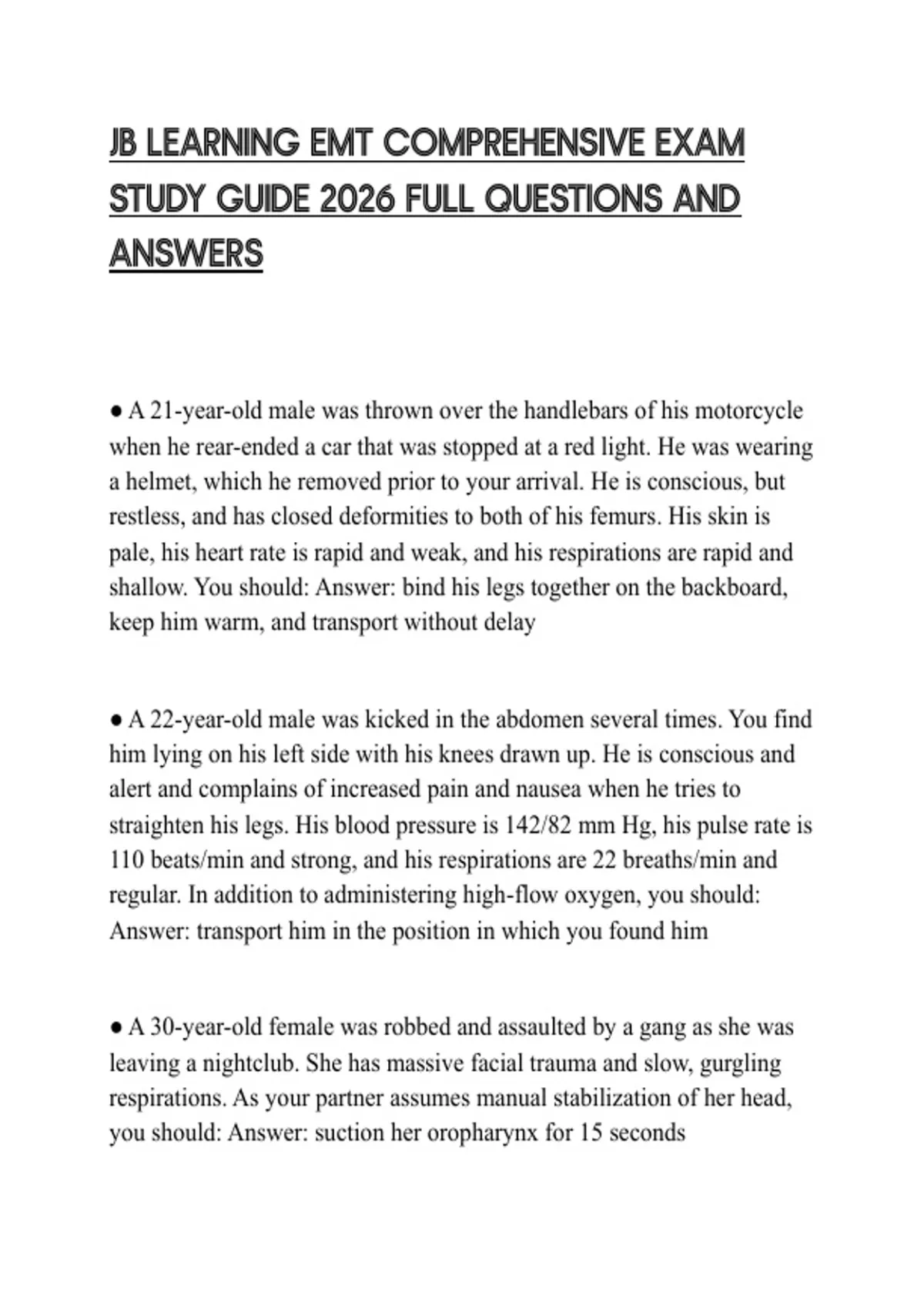 JB LEARNING EMT COMPREHENSIVE EXAM STUDY GUIDE 2026 FULL QUESTIONS AND ...