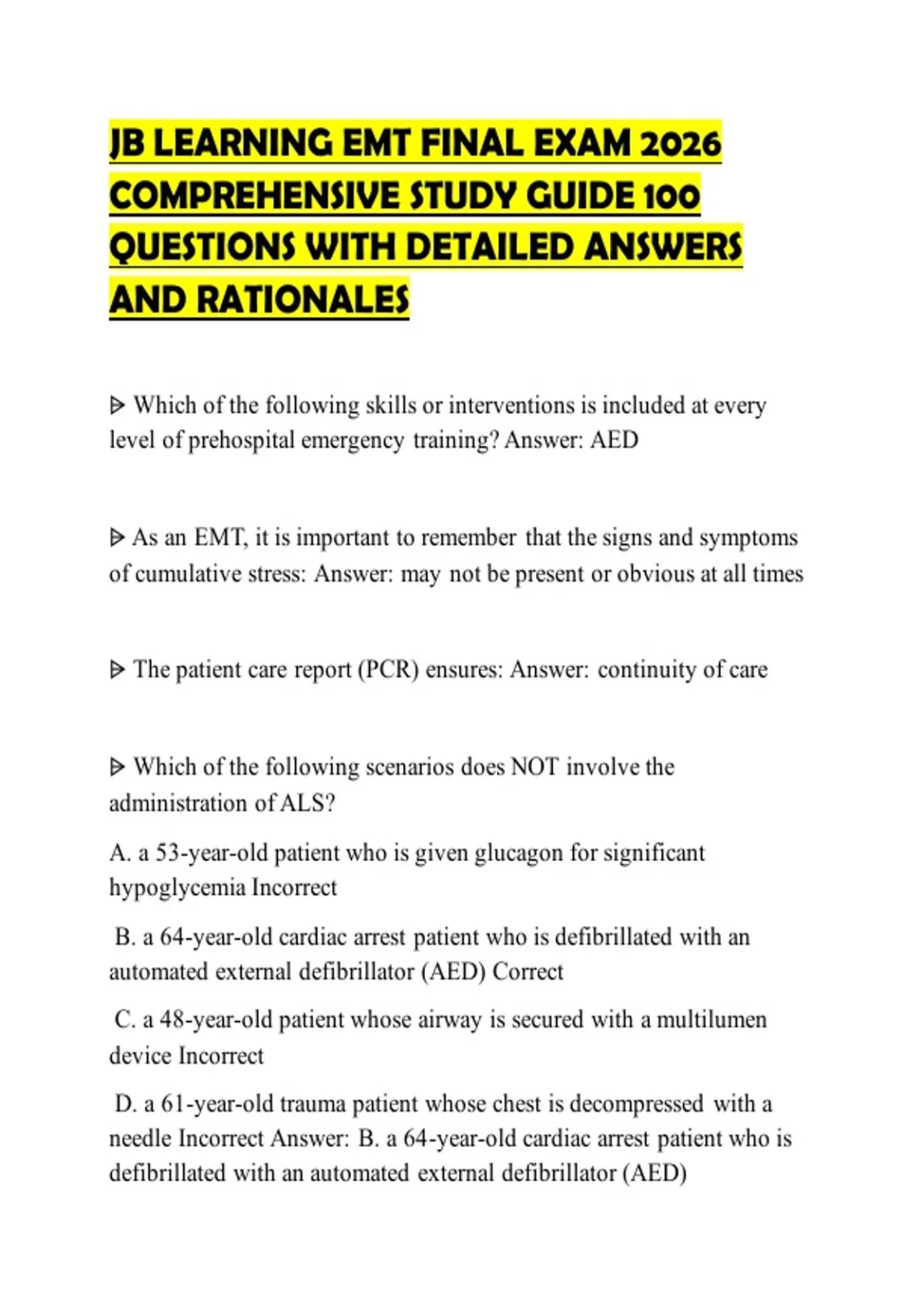 JB LEARNING EMT FINAL EXAM 2026 COMPREHENSIVE STUDY GUIDE 100 QUESTIONS ...
