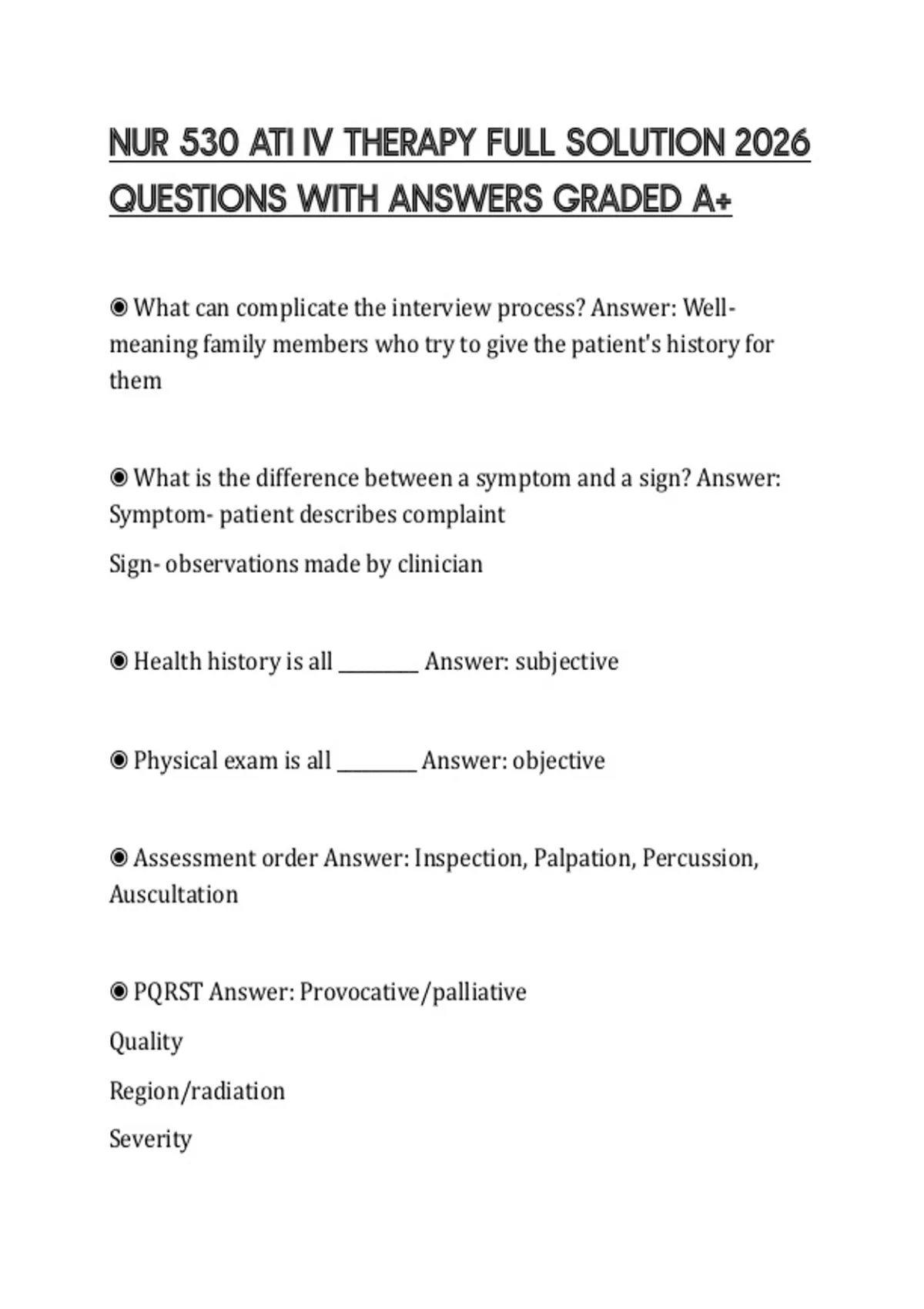 Full Solution NUR 530 ATI IV THERAPY FULL SOLUTION 2026 QUESTIONS WITH ANSWERS GRADED ...