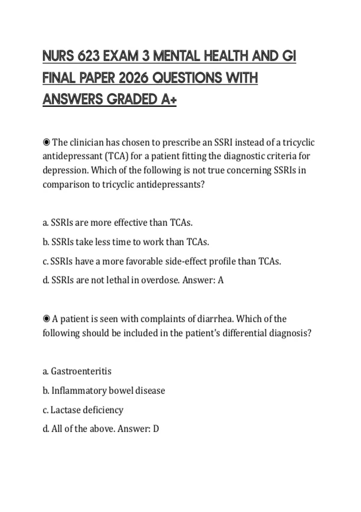 NURS 623 EXAM 3 MENTAL HEALTH AND GI FINAL PAPER 2026 QUESTIONS WITH ...