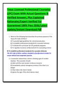 Texas Licensed Professional Counselor &lpar;LPC&rpar; Exam With Actual Questions & Verified Answers&comma; Plus Explained Rationales&sol;Expert Verified For Guaranteed 100&percnt; Pass 2026&sol;Latest Update&sol;Instant Download Pdf