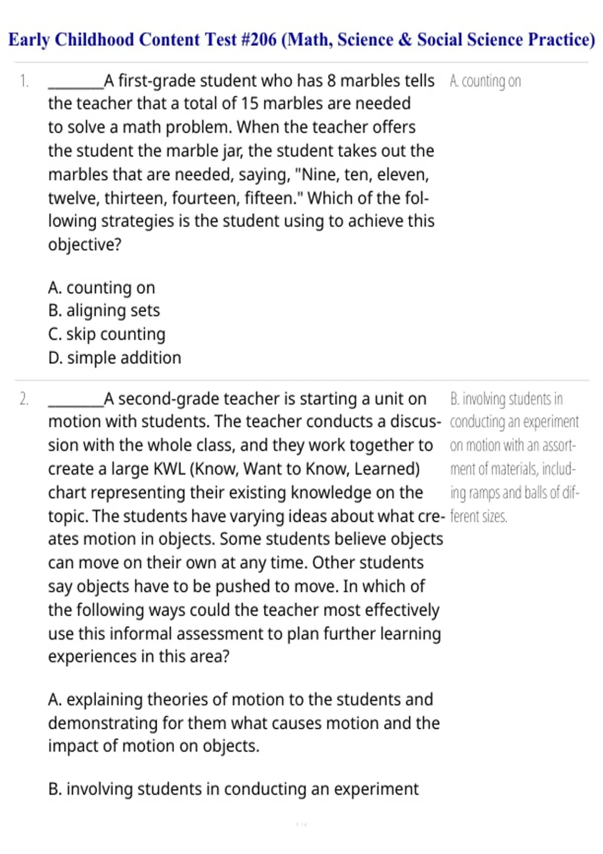 Early Childhood Content Test 206 Practice Exam 2026/2027 – Math Science ...