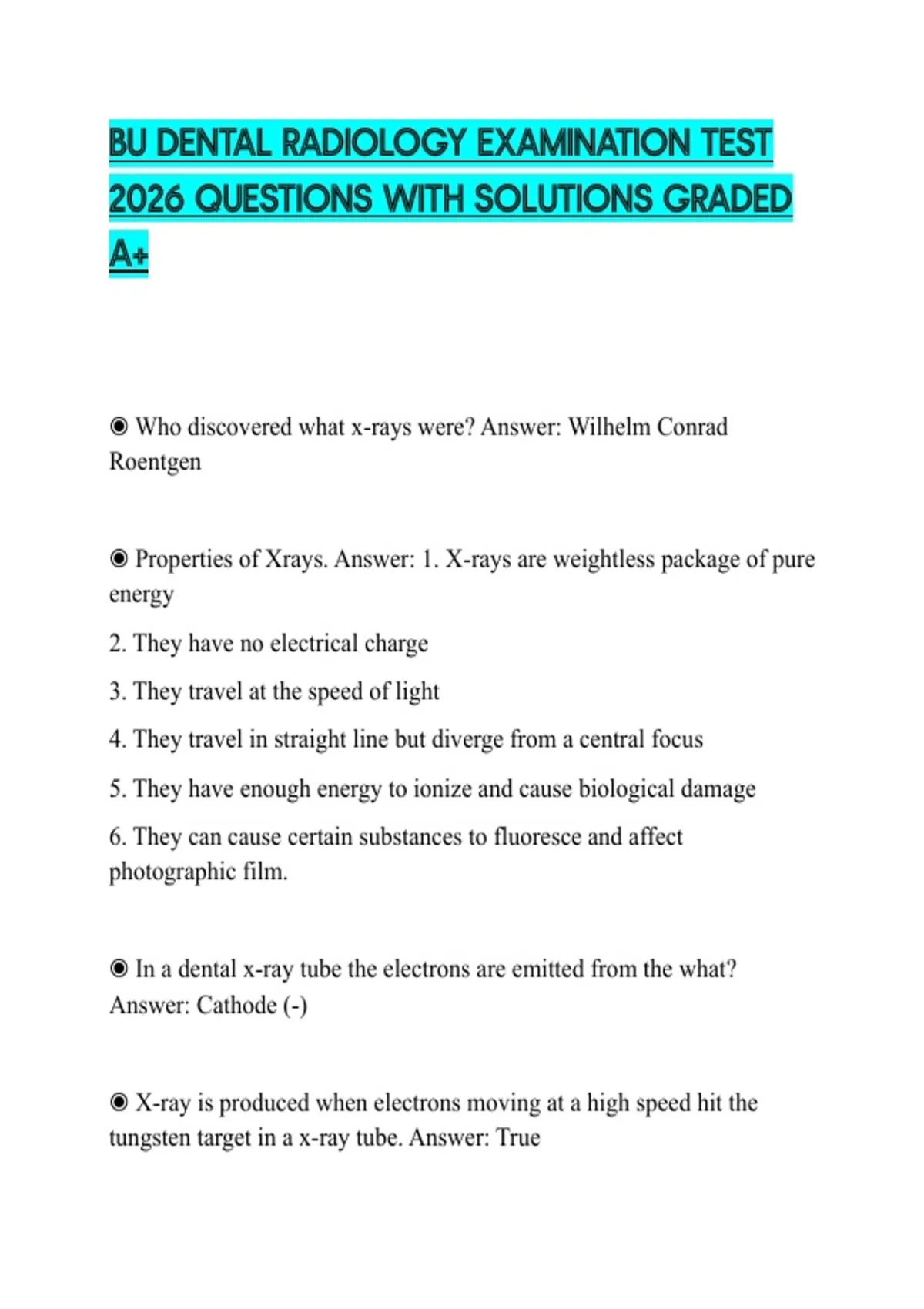 BU DENTAL RADIOLOGY EXAMINATION TEST 2026 QUESTIONS WITH SOLUTIONS ...
