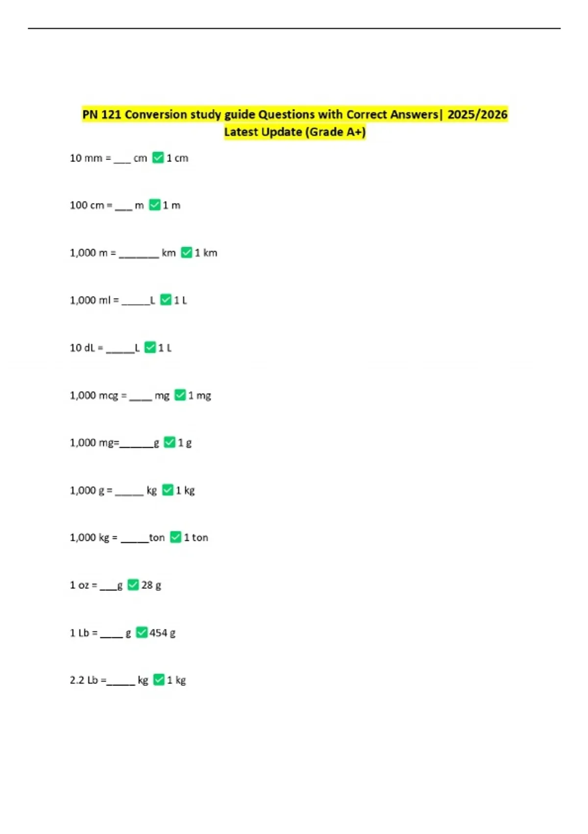 PN 121 Conversion study guide Questions with Correct Answers| 2025/2026 ...
