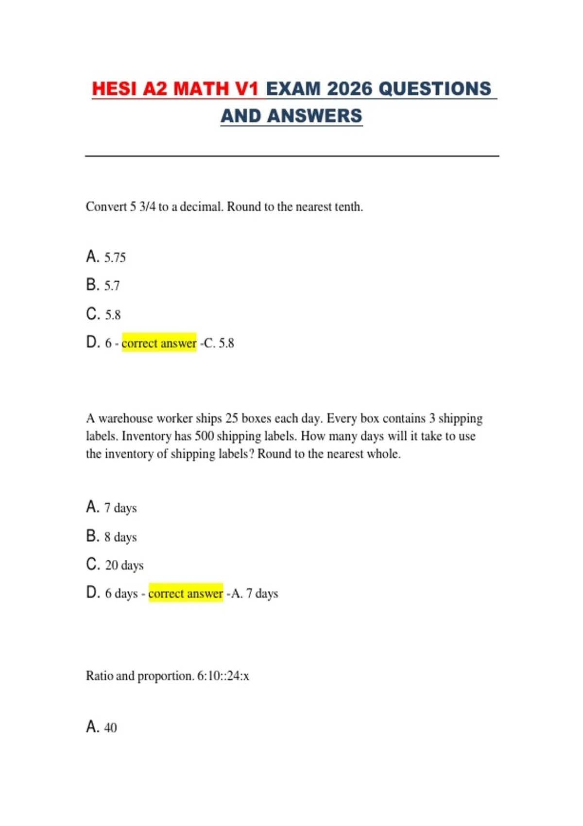 A2 Review Math Problems HESI A2 Math V1 Exam 2026 – HESI A2 – Academic Year 2026 – practice ...