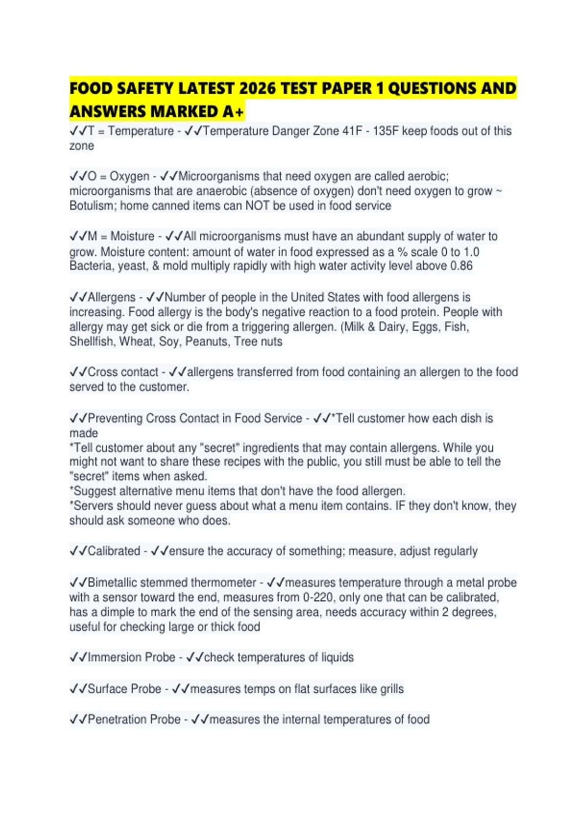FOOD SAFETY LATEST 2026 TEST PAPER 1 QUESTIONS AND ANSWERS MARKED A.pdf ...