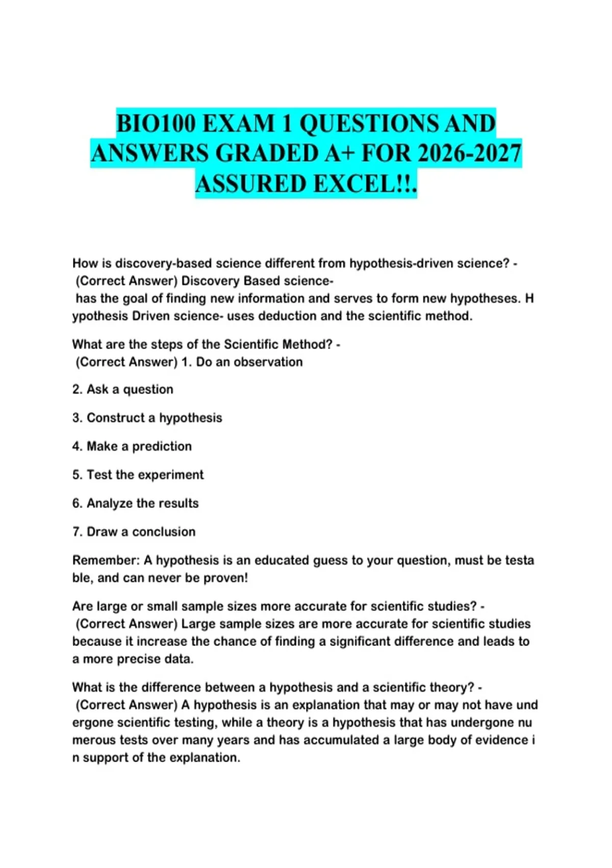 BIO100 EXAM 1 QUESTIONS AND ANSWERS GRADED A+ FOR ASSURED EXCEL!!..pdf ...