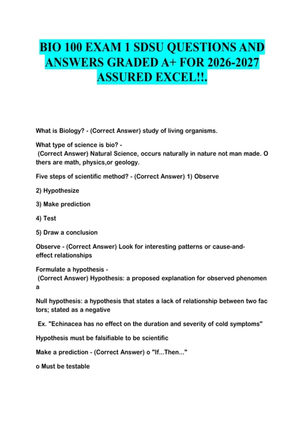 BIO 100 EXAM 1 SDSU QUESTIONS AND ANSWERS GRADED A+ FOR ASSURED EXCEL ...
