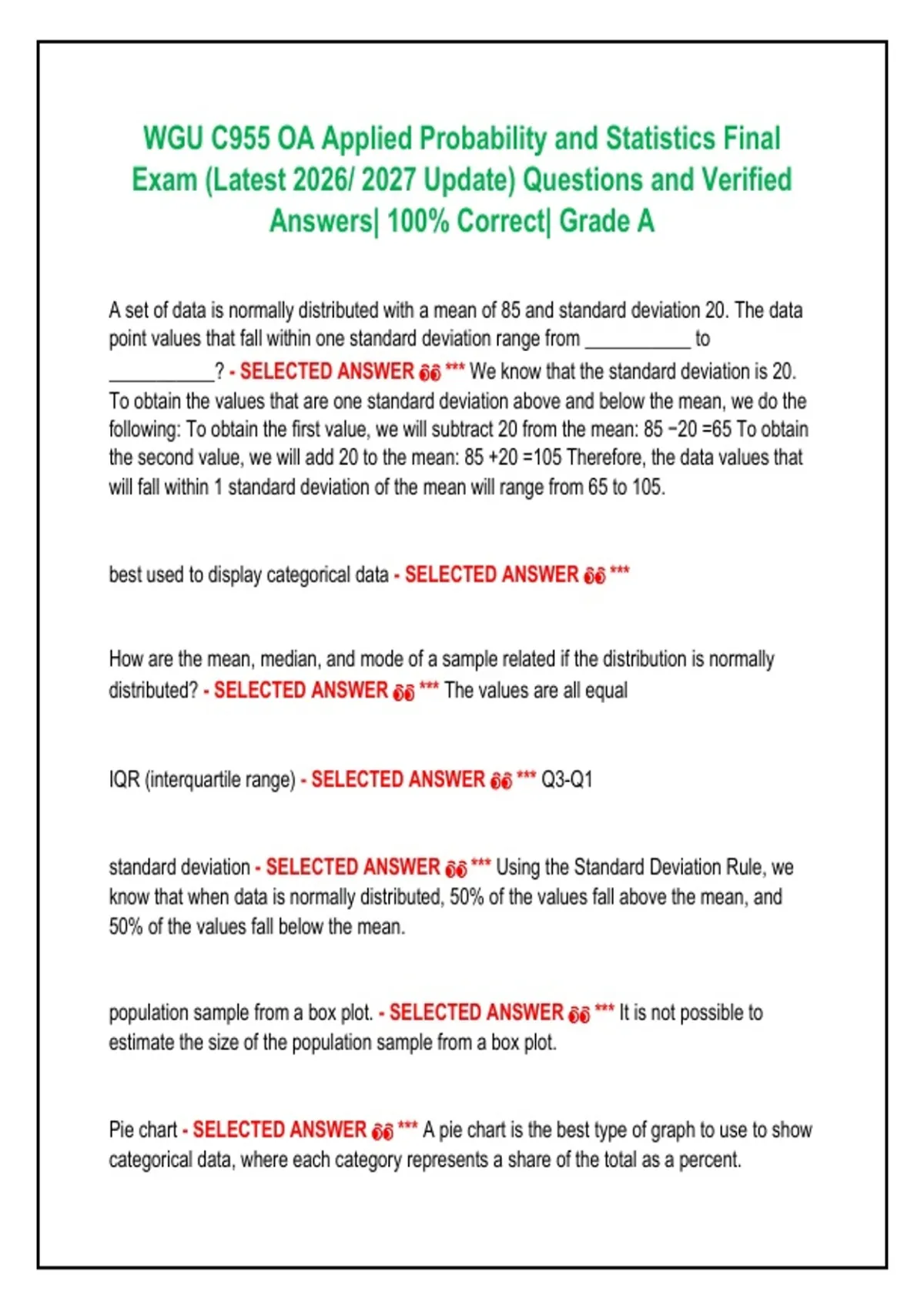 WGU C955 OA Applied Probability and Statistics Final Exam (Latest 2026/ ...