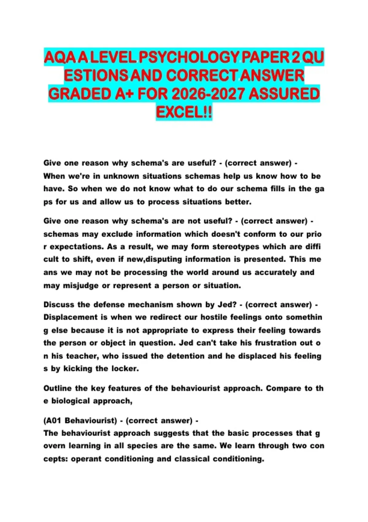 AQA A LEVEL PSYCHOLOGY PAPER 2 NEWEST 2026/2027 ACTUAL EXAM COMPLETE ...