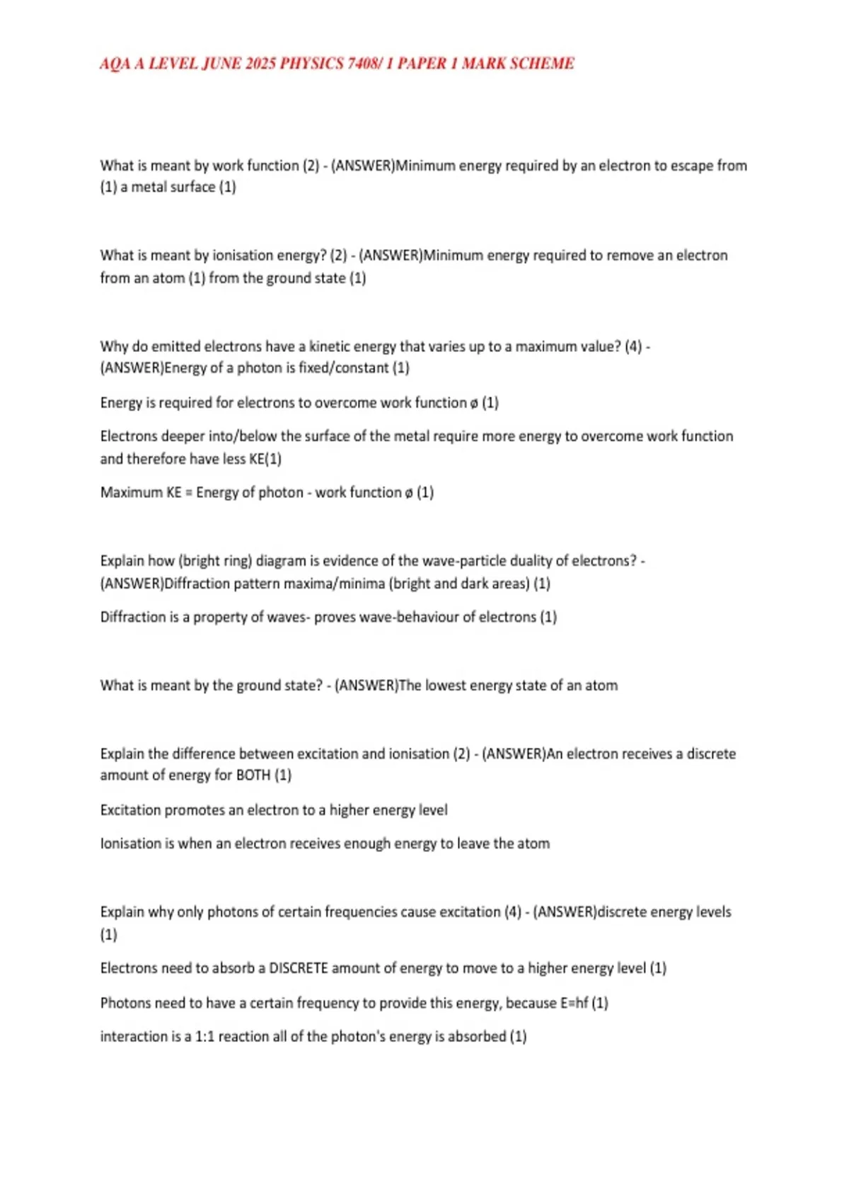 AQA A LEVEL JUNE 2025 PHYSICS 7408/ 1 PAPER 1 MARK SCHEME - AQA A LEVEL ...