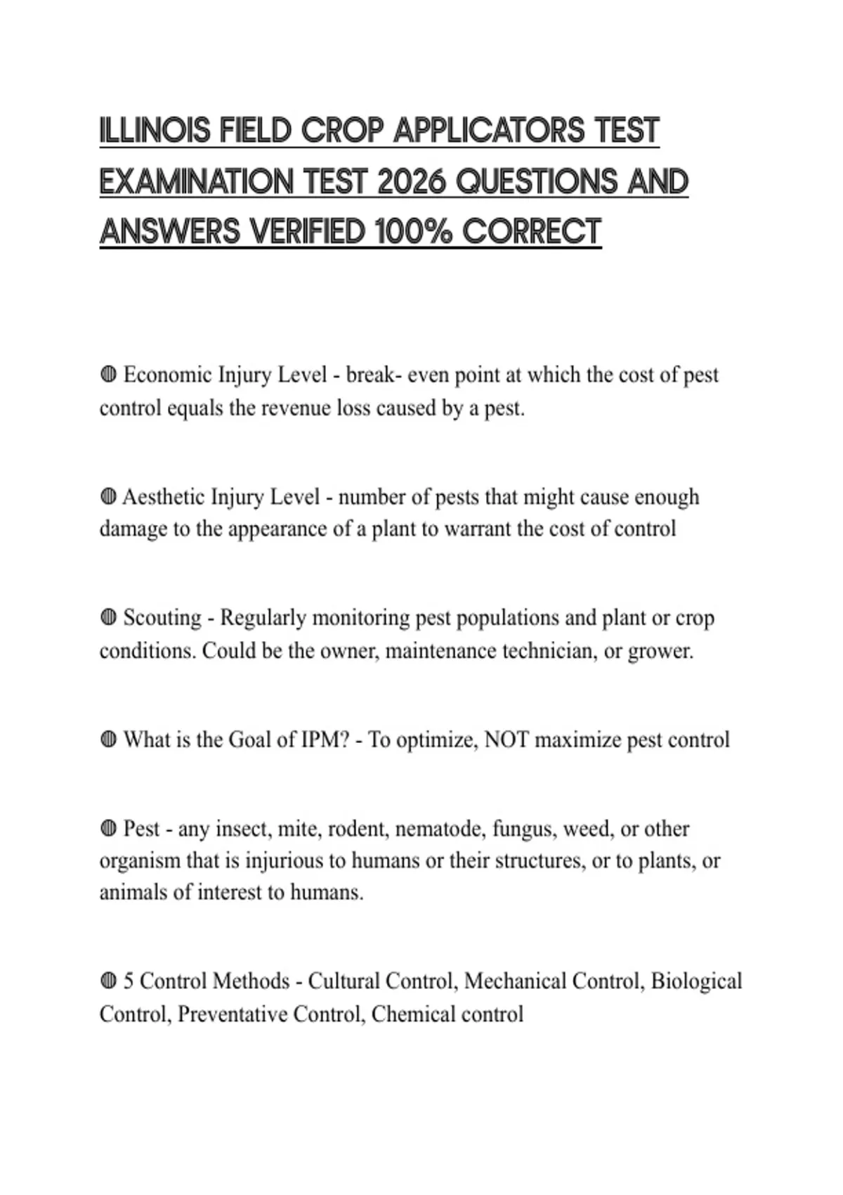 ILLINOIS FIELD CROP APPLICATORS TEST EXAMINATION TEST 2026 QUESTIONS ...